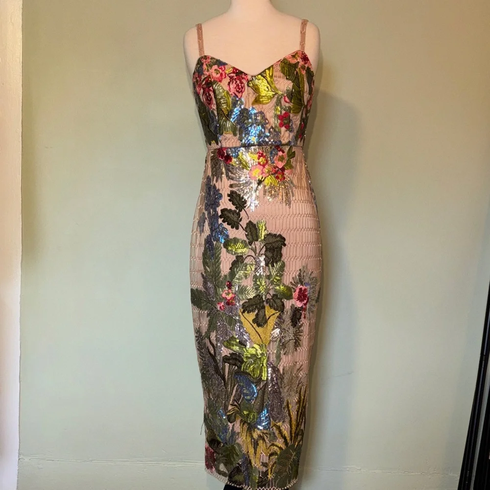 Boston Proper bold Floral Sequin mesh midi Dress Sz 6 - Picture 5 of 16